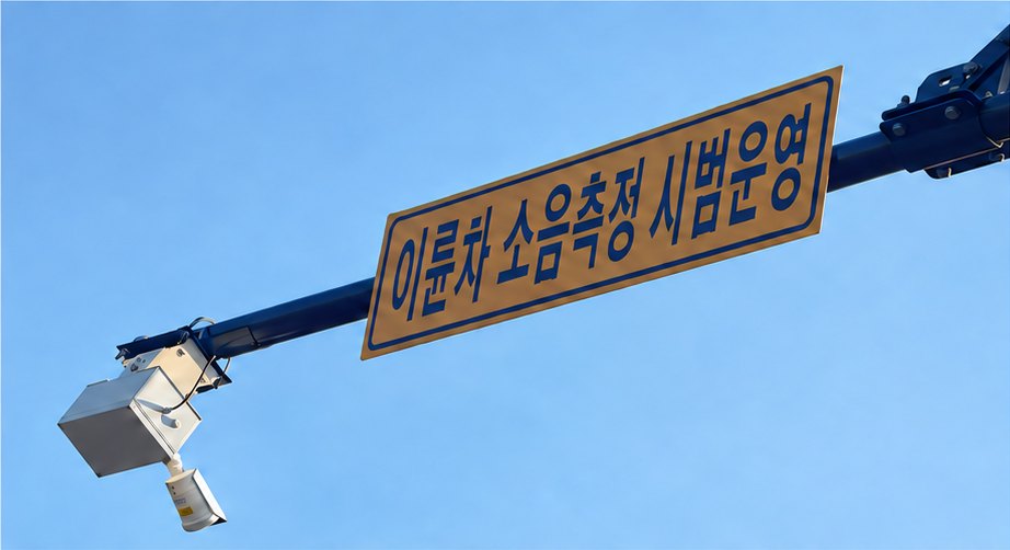 A CUSMOS sound sensor unit mounted on a vehicle-detection pole beside a road in Baegot, Siheung, with a Korean notice sign below it